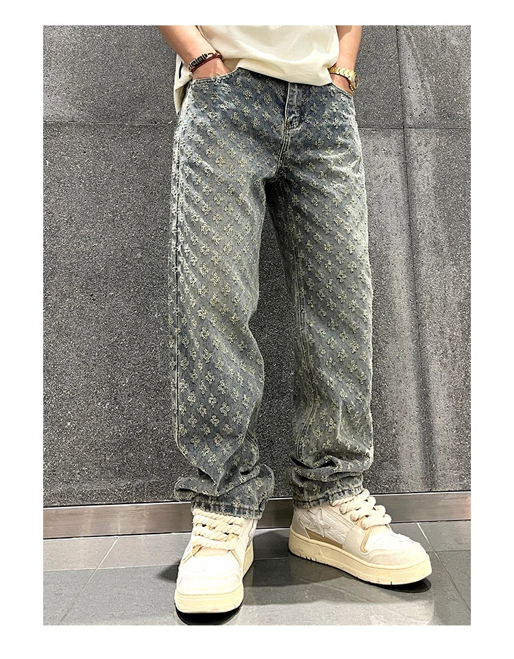 Jacquard Retro Pattern Denim Pants