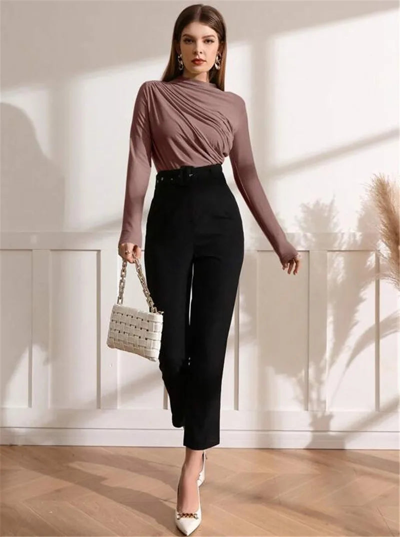 Elegant Long Sleeve T-Shirt with Slim Folds