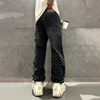 Jacquard Retro Pattern Denim Pants